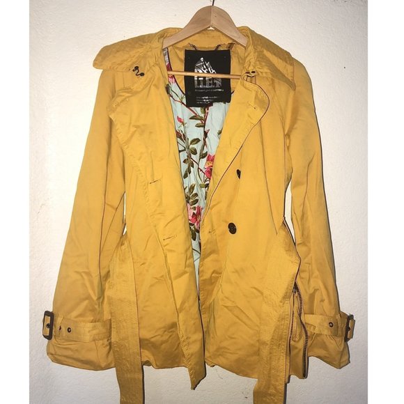 Vintage Jackets & Blazers - Belted Double Breasted Trench Coat (Yellow)